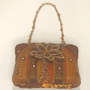 Vintage Handbag Purse Beaded Stones Embellished Brown